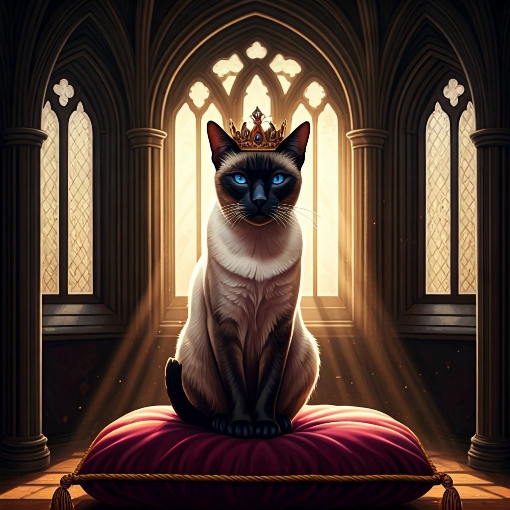 Regal Siamese Cat in Sunlit Castle Hall