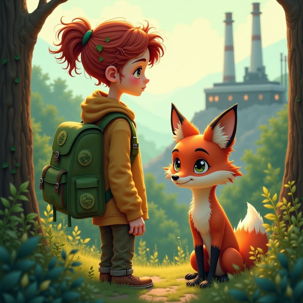 <lora:Gaias Helpers:1.0> A determined teenage girl with a green backpack covered in eco-friendly patches, standing next to a scrappy red fox...