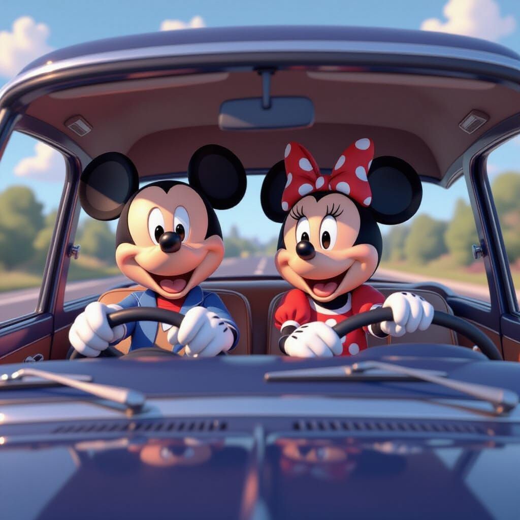 Mickey and Minnie on a Joyful Road Trip in Pixar Style