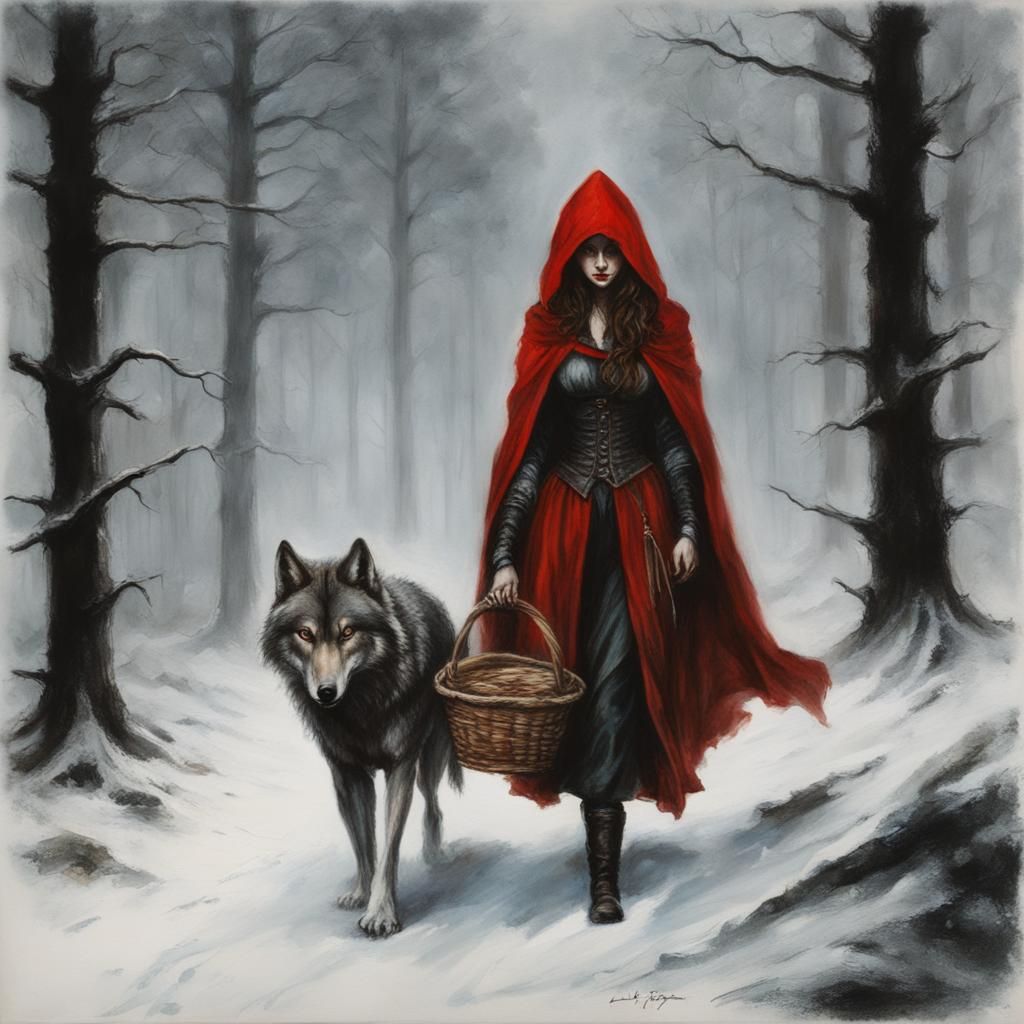 <Little Red Riding Hood carrying a basket through the woods ...