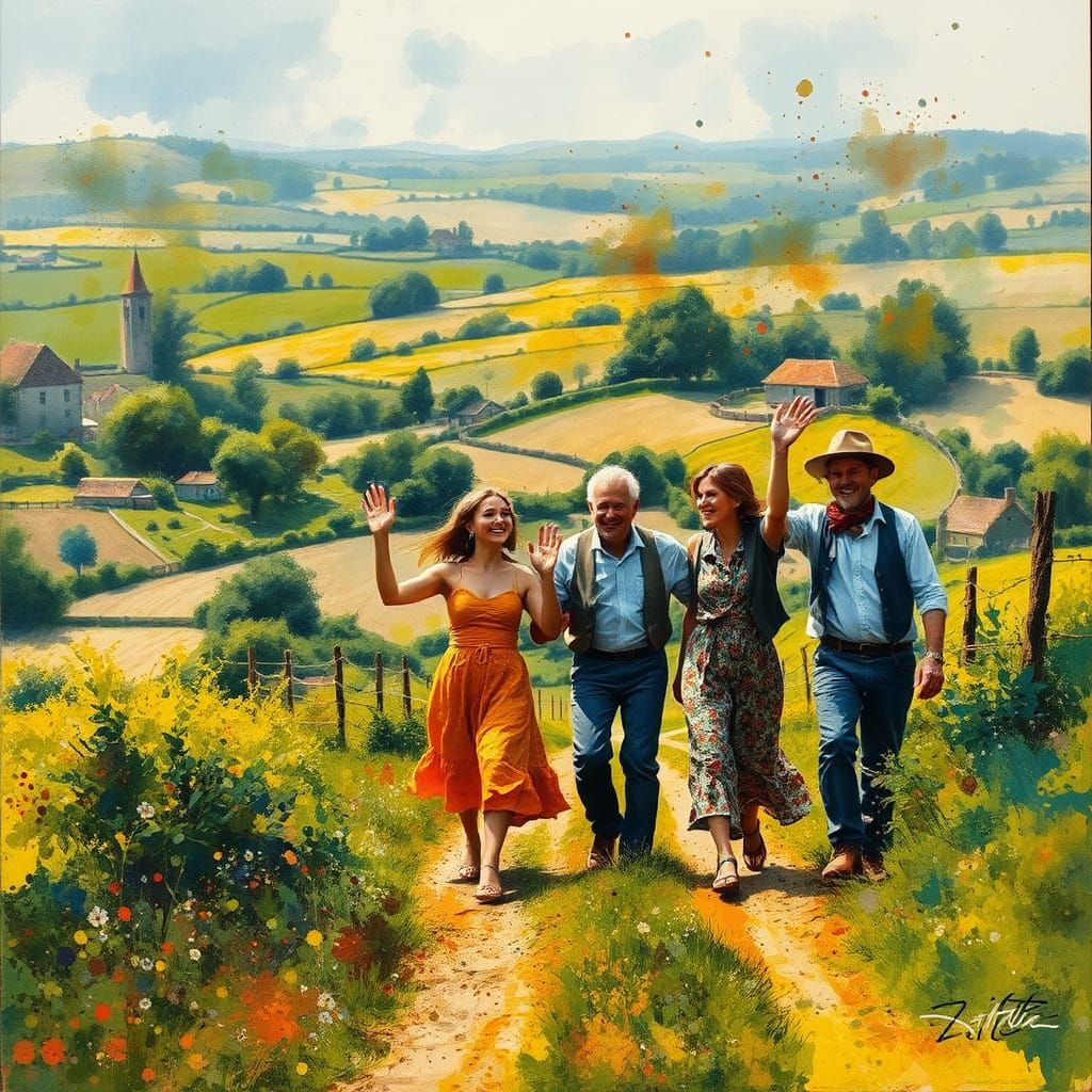 An ink splattered  english country side greens and browns an...