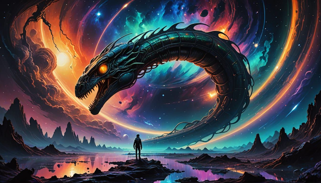 Double exposure: Xenomorph snake overlaying a giant gas planet with oil ...