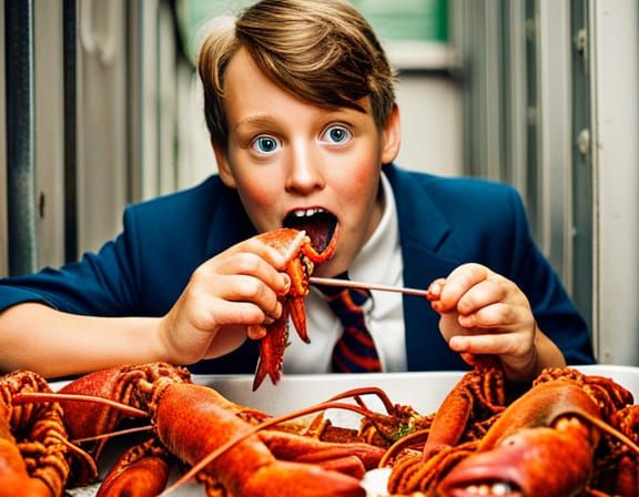 Freegan eating lobster out of a dumpster