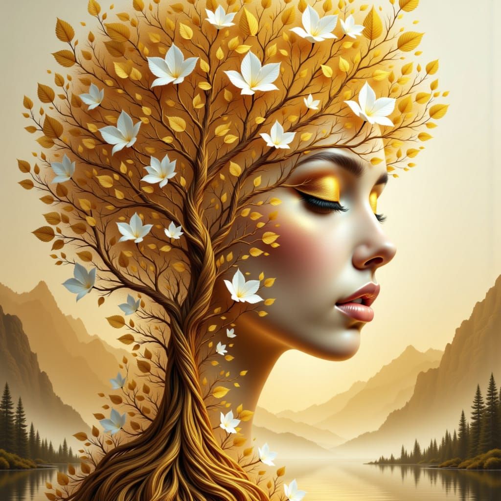 <lora:LS Double Exposure:1.0> Abstract portrait of a female figure, blending human facial elements with natural elements, specifically a tre...