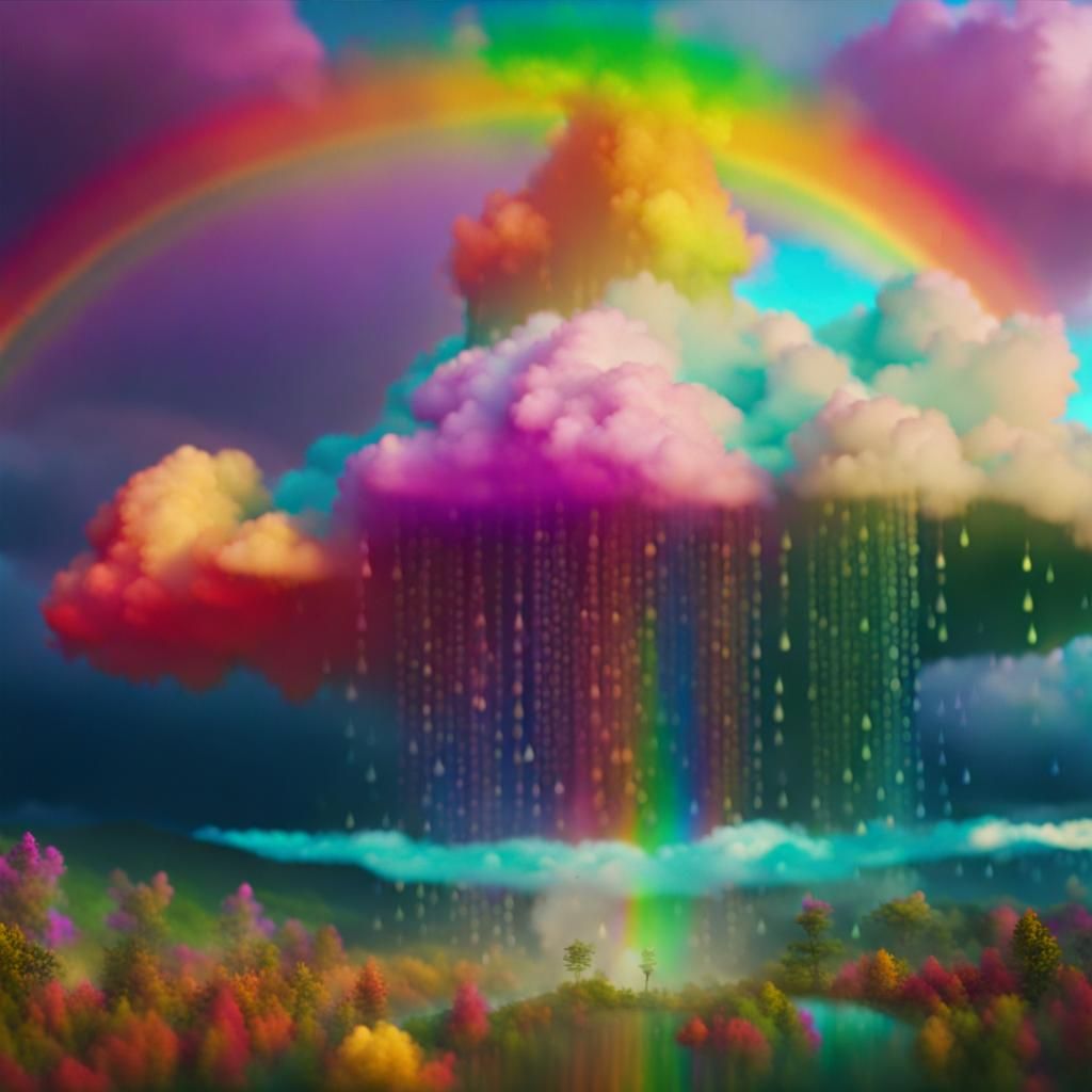 Psychedelic raindrops under rainbow-colored cloud. Epic cine...