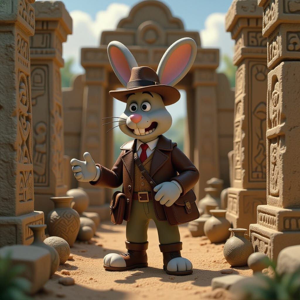 Claymation Rabbit Archeologist in Atlantean Ruins - AI Art