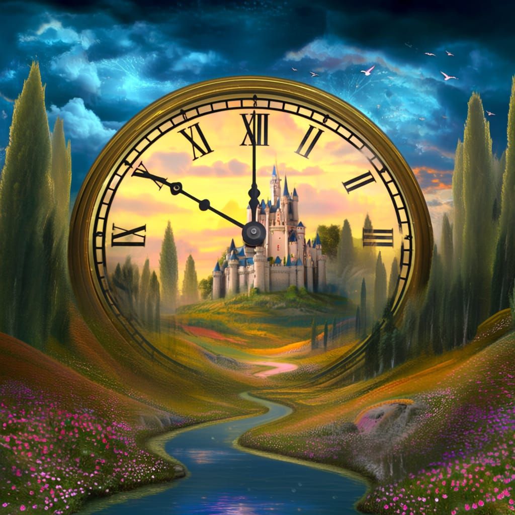 Magical Landscape with Ornate Clock and Castle View