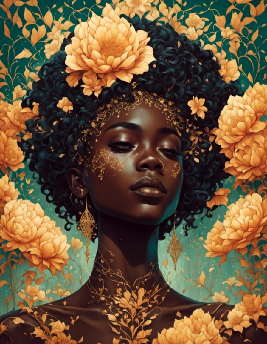 melanated, short hair, floral <lora:Silhouette:1.0> 