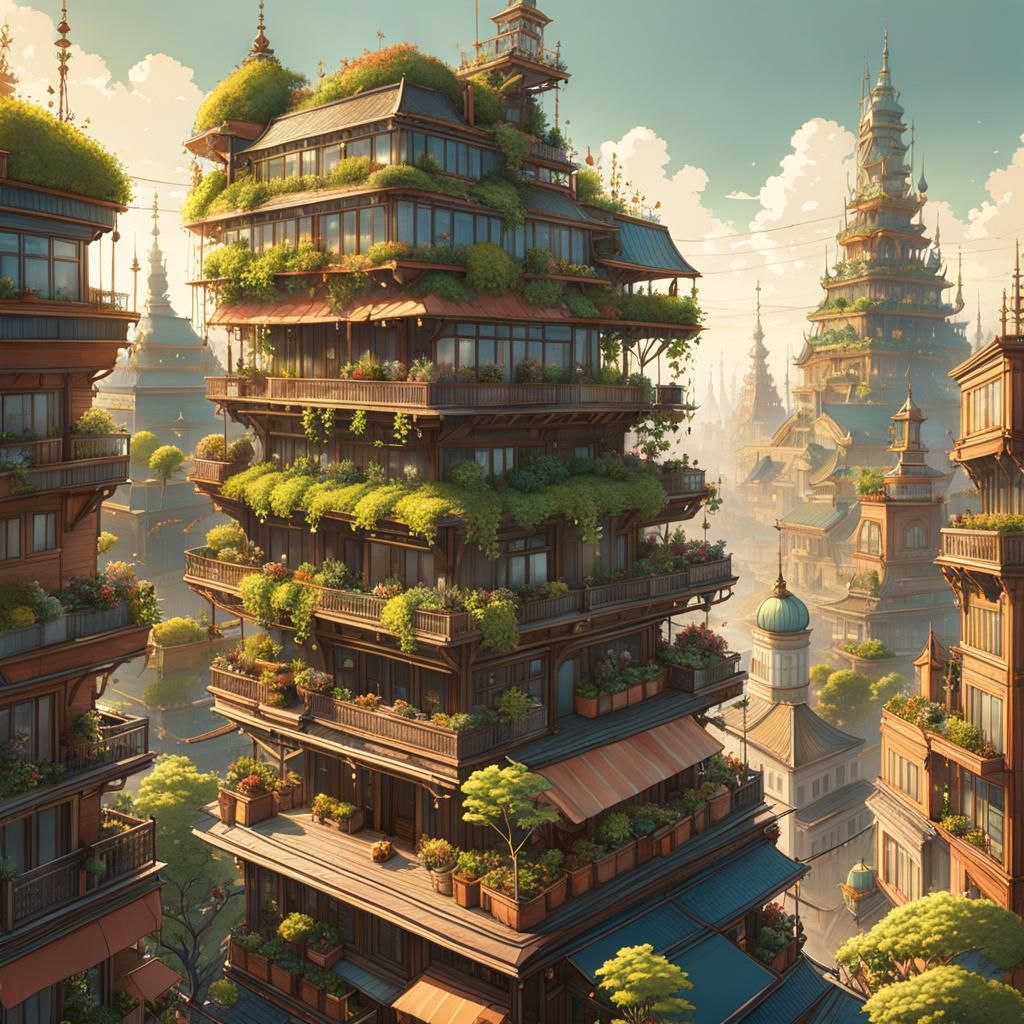 A rooftop gardens in style of Mattias Adolfsson and Yoshitaka Amano  by @Cute dog