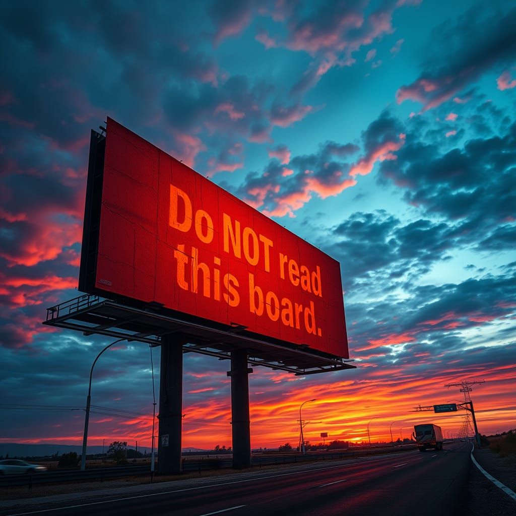 A colossal hyperrealistic highway billboard, bathed in the harsh glare of a setting sun, displays the ...  by @DJDiztorted