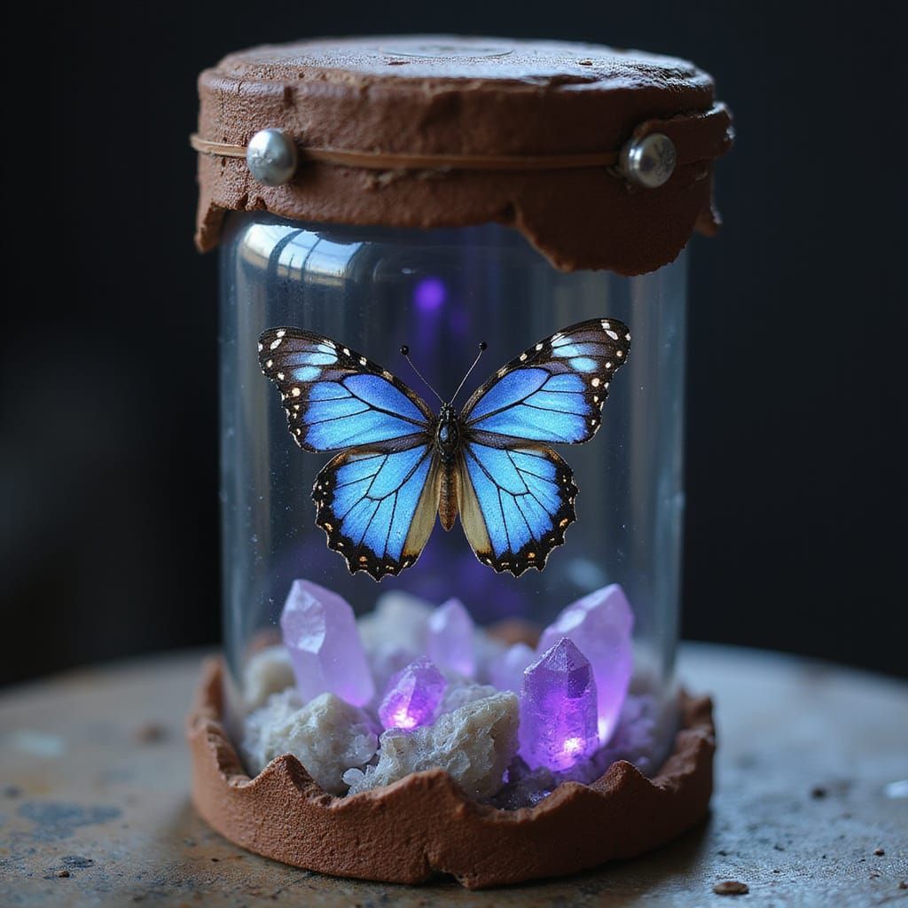 Crystalline Butterfly in Glass Vial, Dreamlike Art