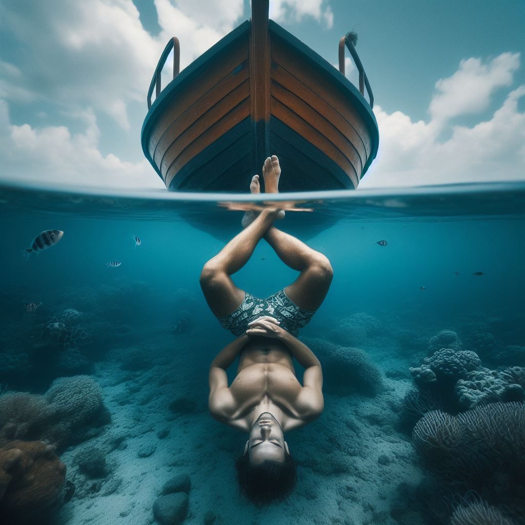 mediating upside down underwater below boat