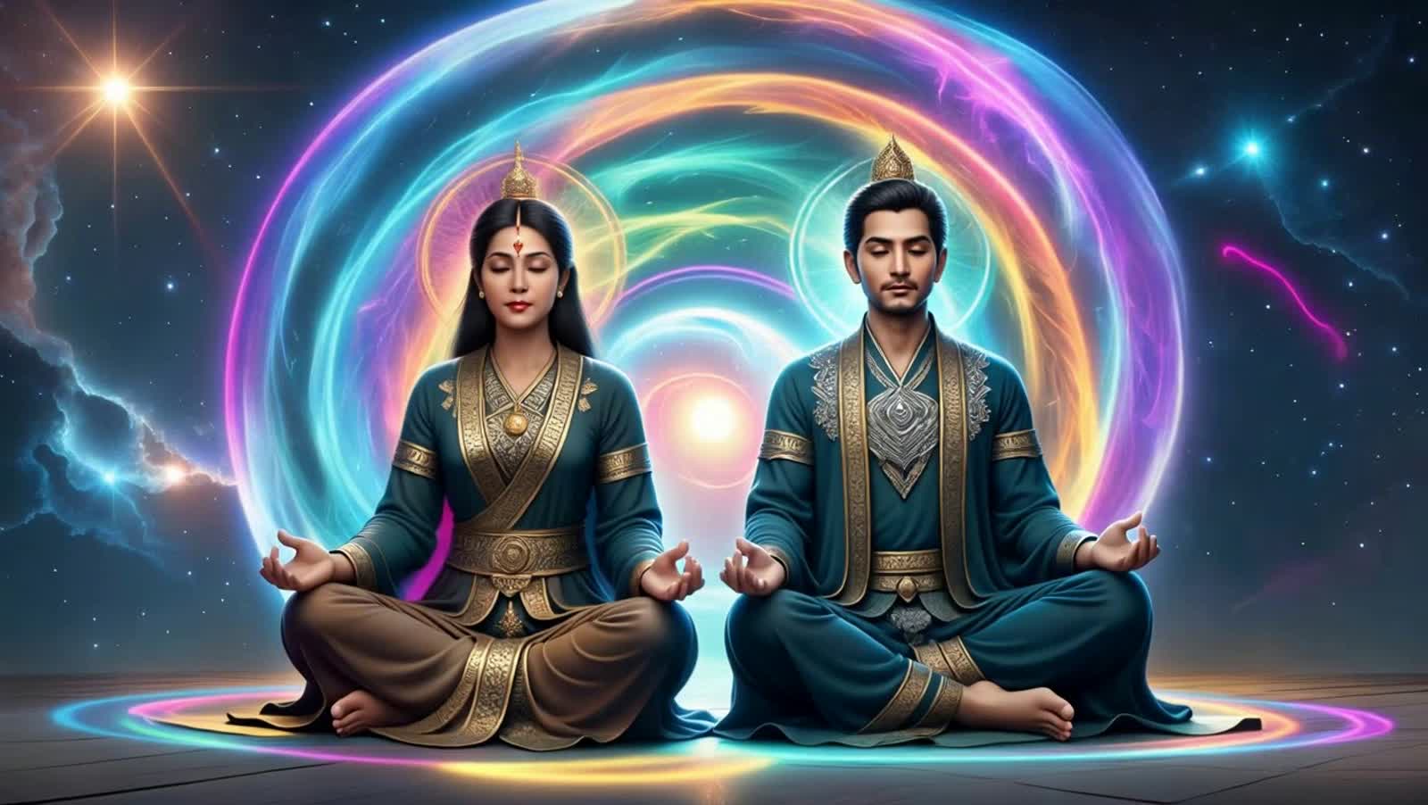 A couple meditating. Their combined energy is creating a sureal image of energies, colors and imagery. The scene is rend...