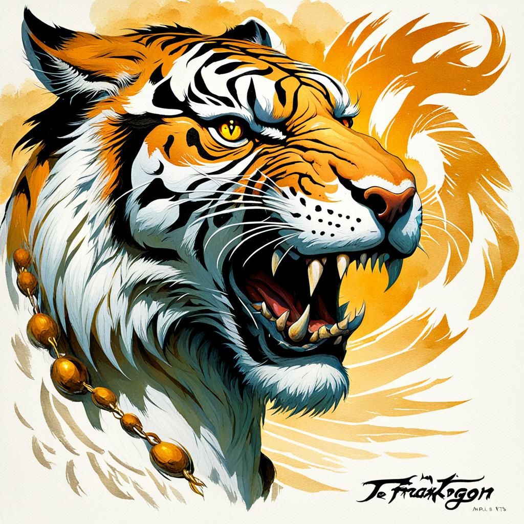 crea un tirgre blanco con alas de dagon doradas, las plumas de las allas deben llevar inscripciones con palabras élficas, sobre el fondo de...