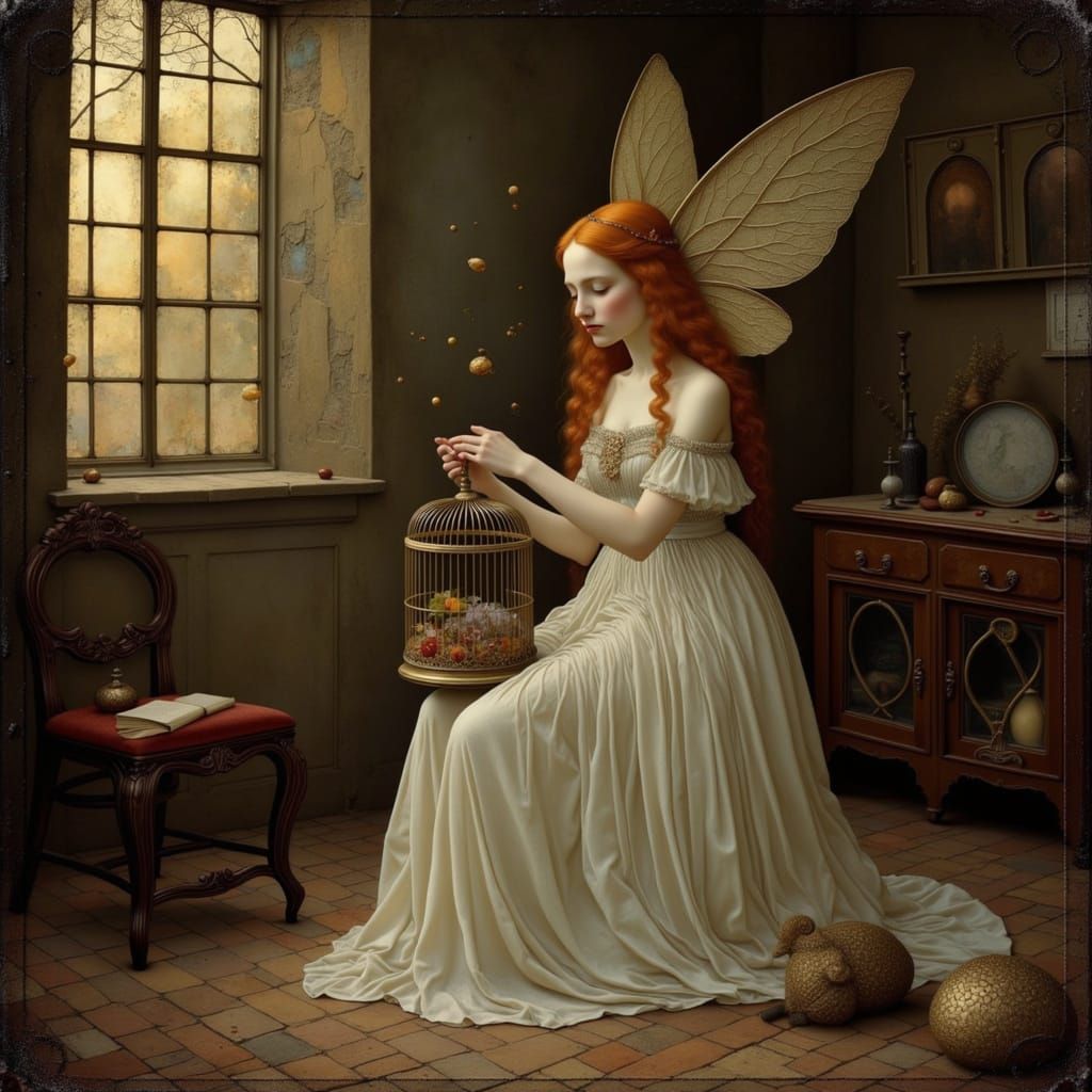 Forest Faerie Trapped in Gilded Birdcage in Attic