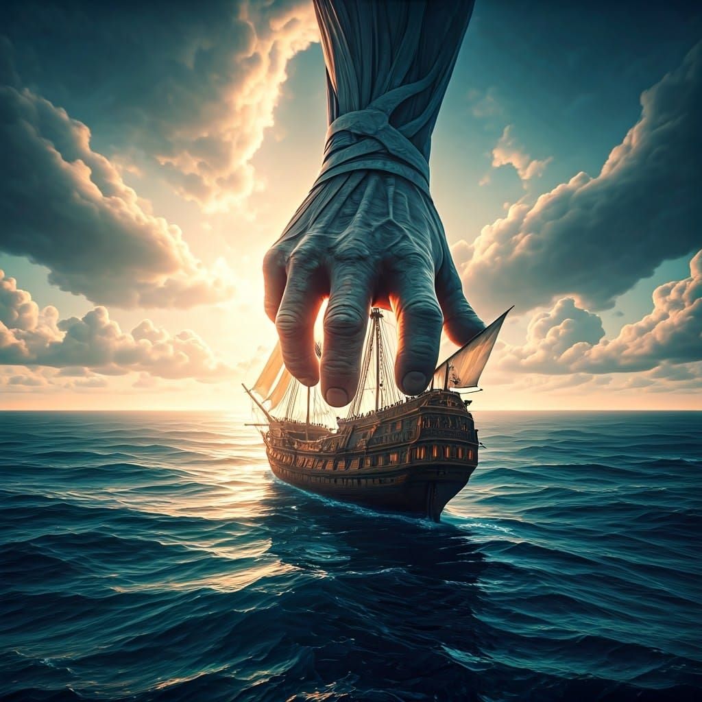 Giant Hand Gently Places Ship on Sea