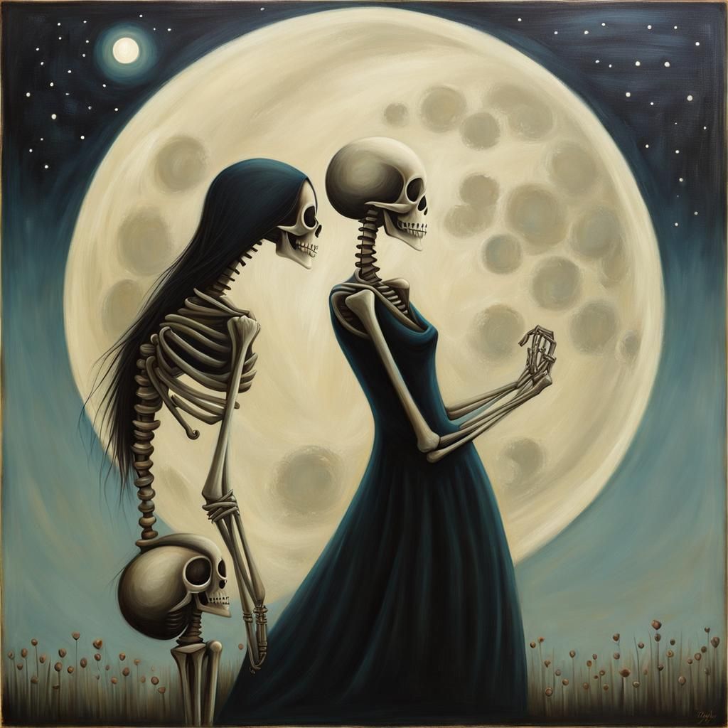 A couple of beautiful skeletons embracing by the full moon b...