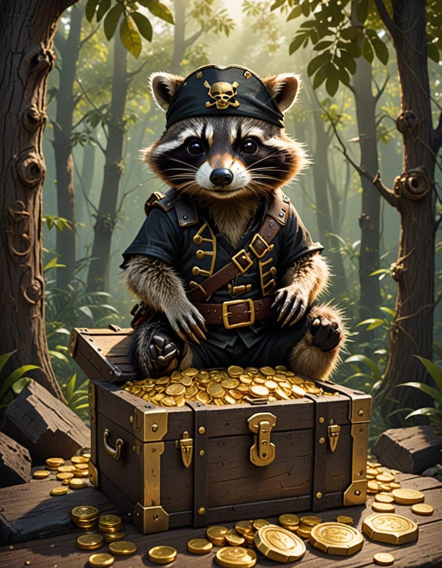 A pirate raccoon guarding a chest of gold.  by @undefined