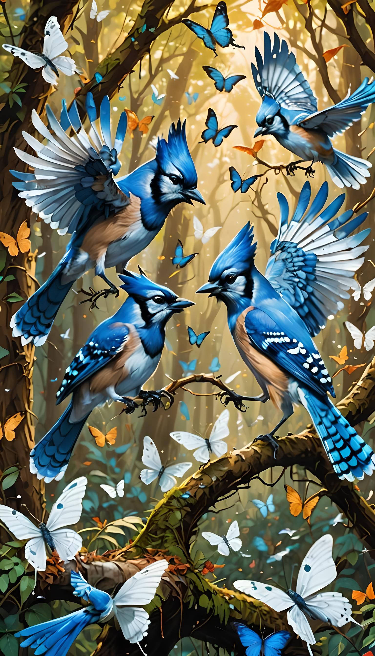 angry male blue jay birds arguing, surrounded by white butte...