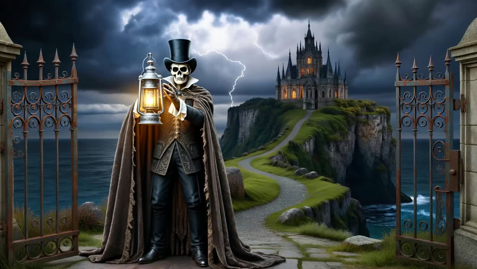 A creeptastically ELEGANT  full  body shot of a of a gentlemen SKELETON wearing a RENAISSANCE style CRUSHED VELVET cape ...