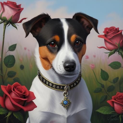 A jack russell terrier wearing a blossoming jewelled rose co...