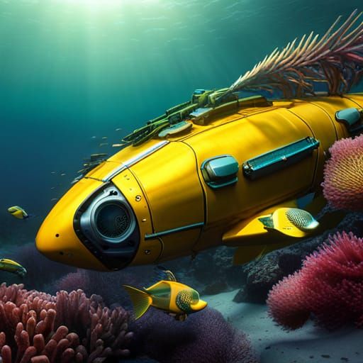 a yellow submarine underwater in the ocean surronded by marine ...