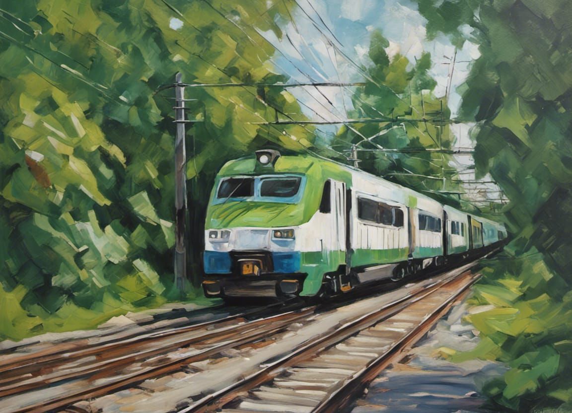 green and white commuter train west end of Hamilton harbour acrylic ...