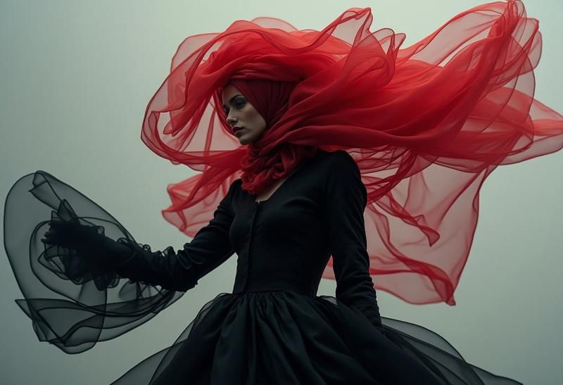 Oversized, intricately layered headscarf, a mesmerizing fusi...