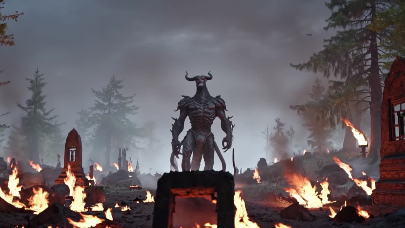 a ancient demon walking in a burning forest whit a lot of tombstones