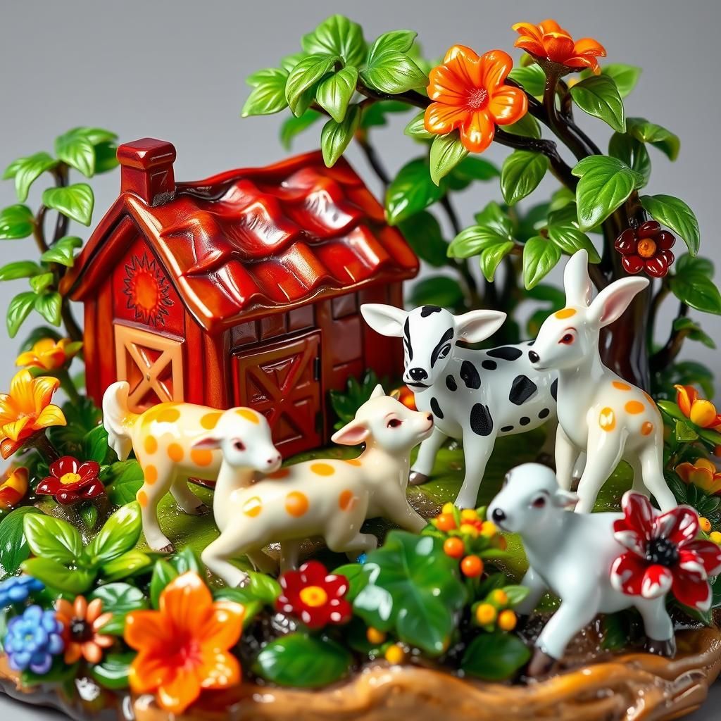Enameled glass figuring of a farm with animals adorned in br...