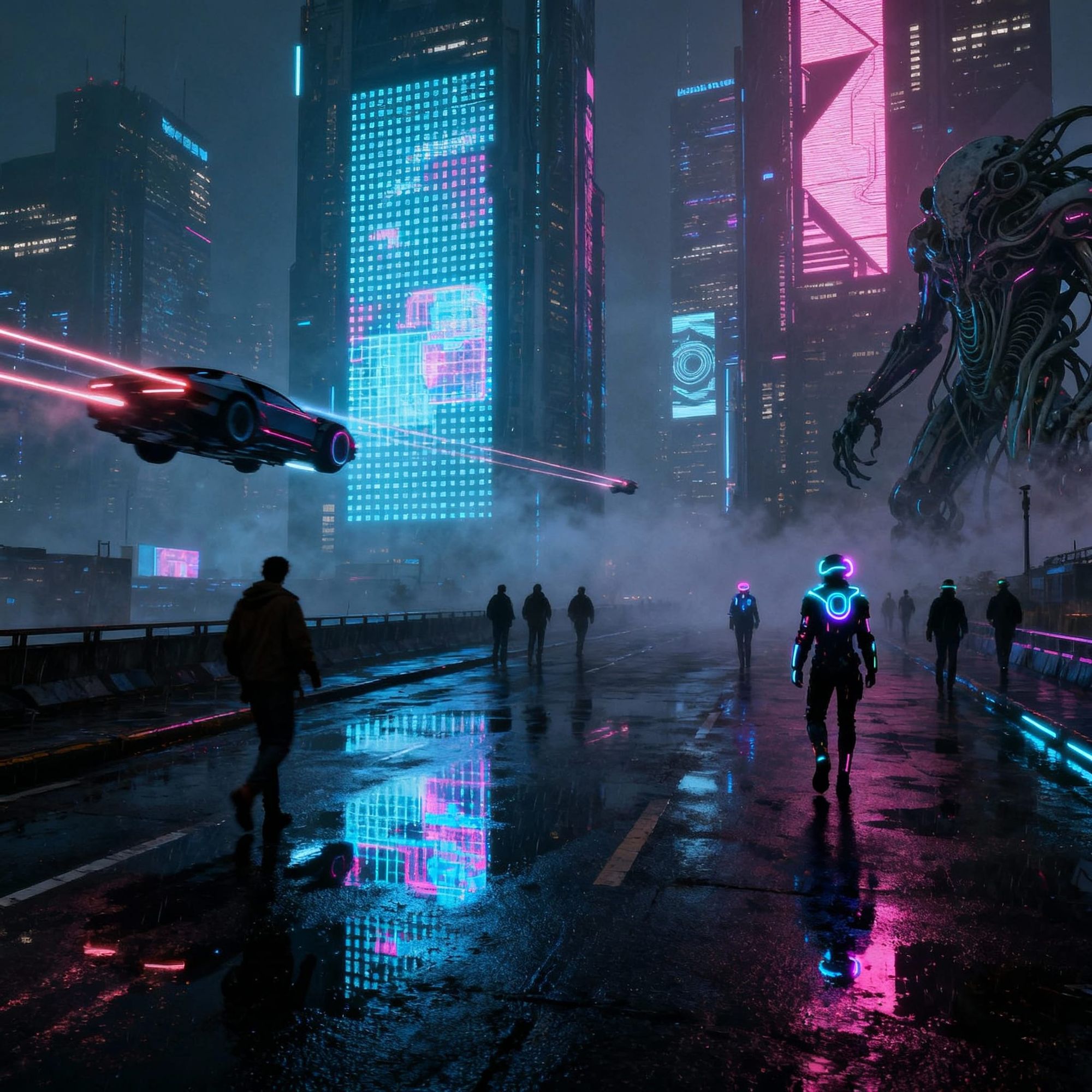 ""A cyberpunk Tokyo street at night, neon reflections on wet asphalt, cinematic composition, 8K"

