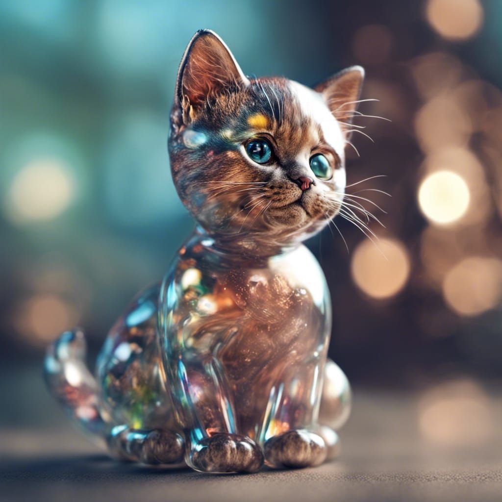 Glass blown kitten. photo realistic. bokeh. matte