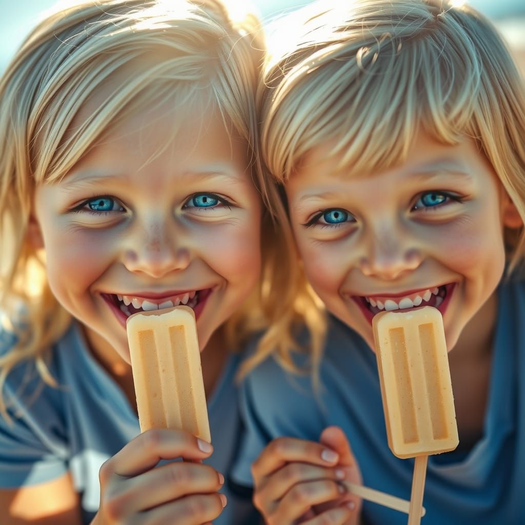 Blond Children Enjoying Popsicles on a Sunny Beach