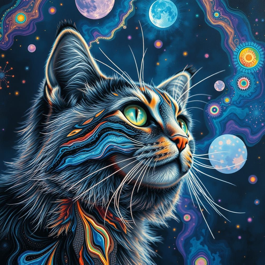 Otherworldly Alcohol Ink, mandelbulb shimmering cat, breatht...