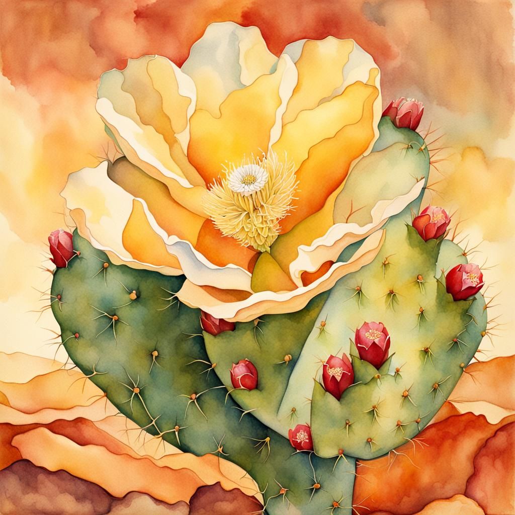 prickly pear cactus flower closeup in the style of Aphonse Mucha and Georgia O'Keeffe , photorealistic, highly detailed intricate watercolor...