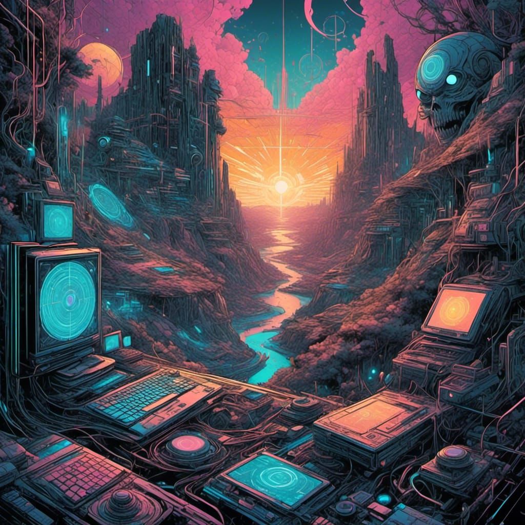 <lora:synthsanity:1.0> Amazingly intricate powerful sunthwave vector image of a disembodied spectral sinister figure looking into a valley o...