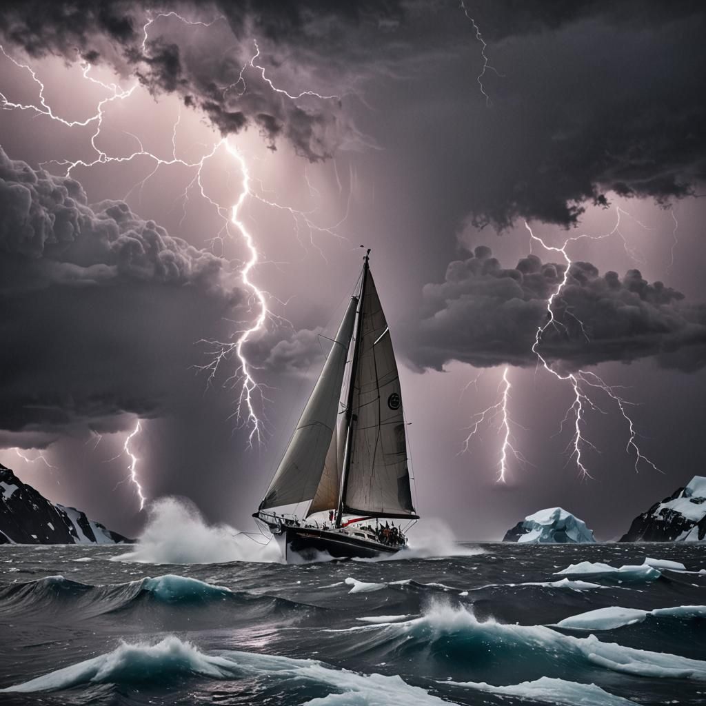 Epic sailboat in a lightning storm in Antarctica - AI Generated Artwork ...