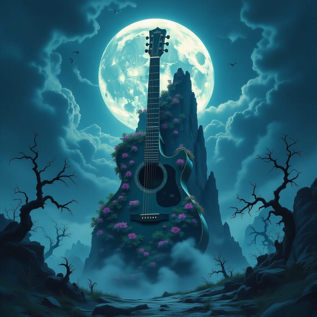 Guitar Cliff in Cursed Horror World Under Eerie Moonlight