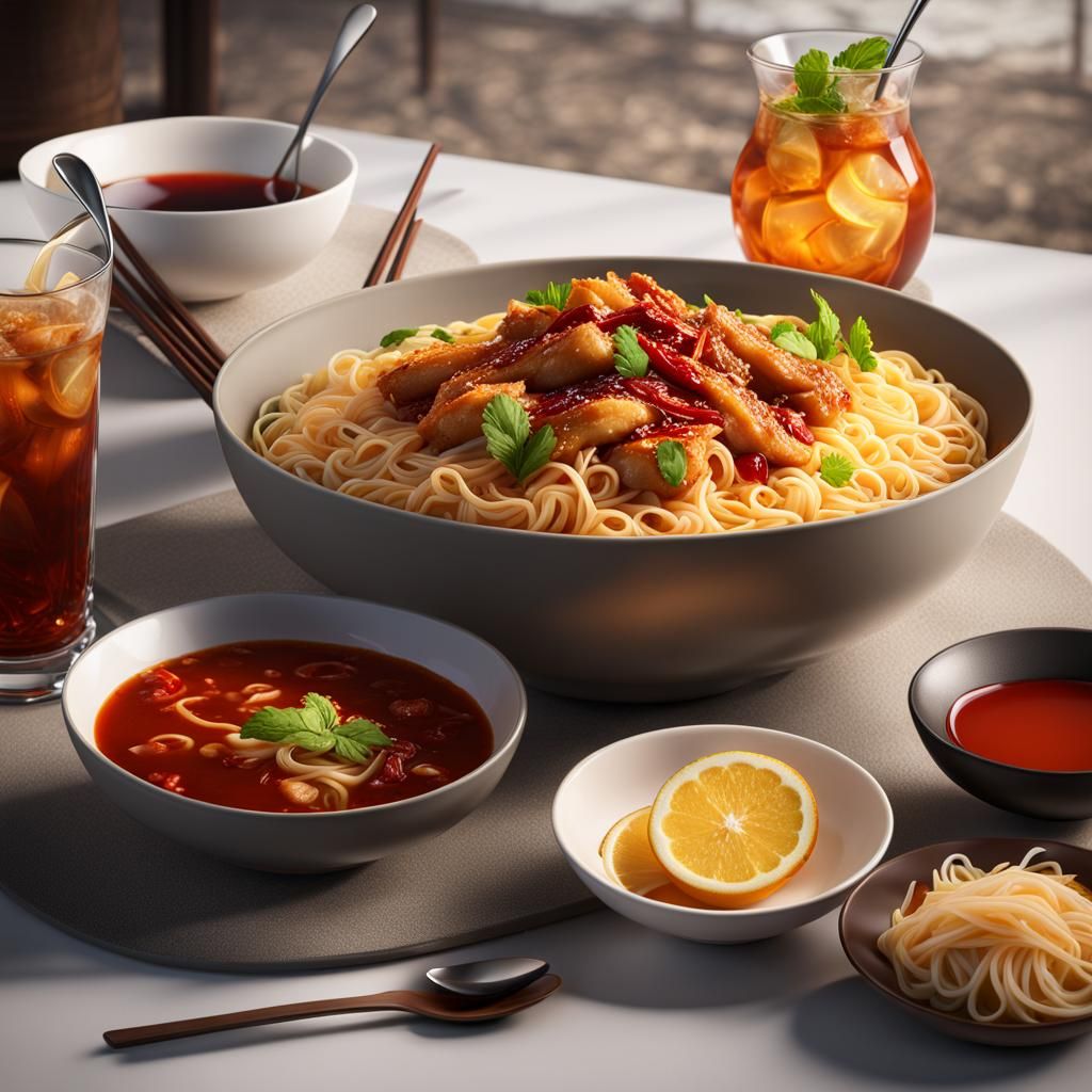 A bowl of warm baso chicken noodles with chili sauce