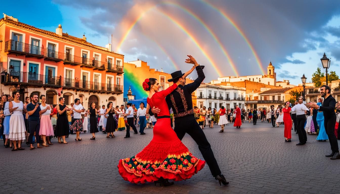 two dancers, a man and a woman, flamenco clothes, beautiful couple,  dancing on the street, old town, blue sky, rainbow, sunset, flowers, co...