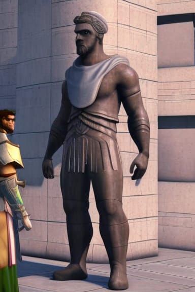 A titan talking to a human during a day in ancient Greece