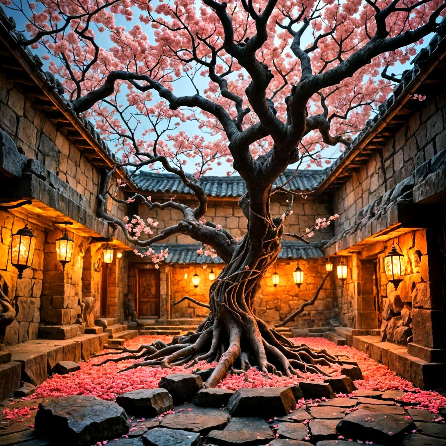 An underground museum lit by glowing cherry blossom branches. The subterranean hallways curve like tree ...  by @ZoE