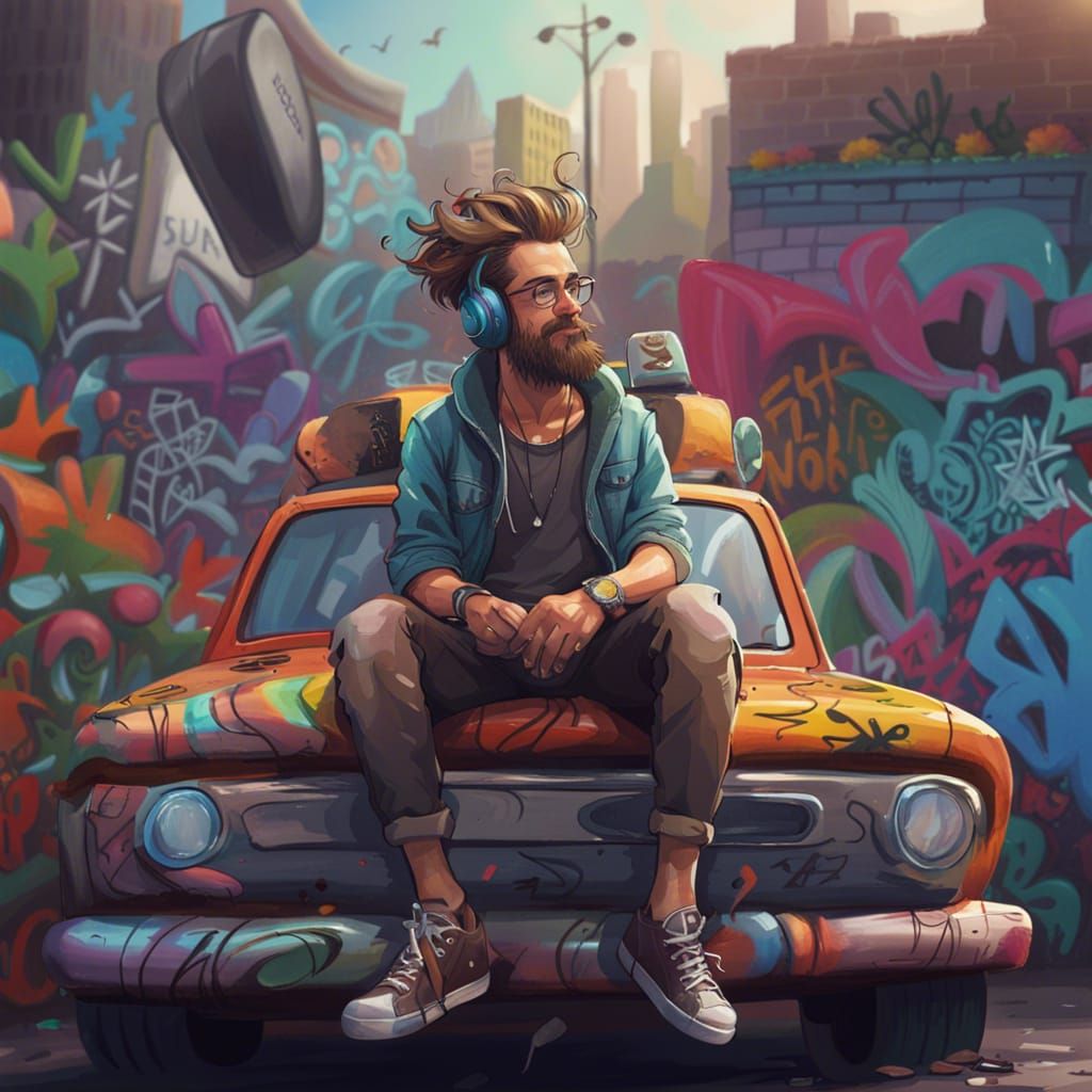hipster guy sitting on the car bumper, crazy hairstyle, pipe, headphone, fedora, dart, beard, graffiti ...  by @Neya Pey