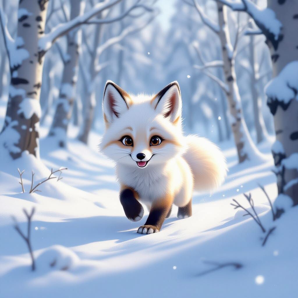 Little arctic fox playing in the snow in the white forest, watercolor, oil on canvas, training on ArtStation, Pixar/Disney characters, semi-...