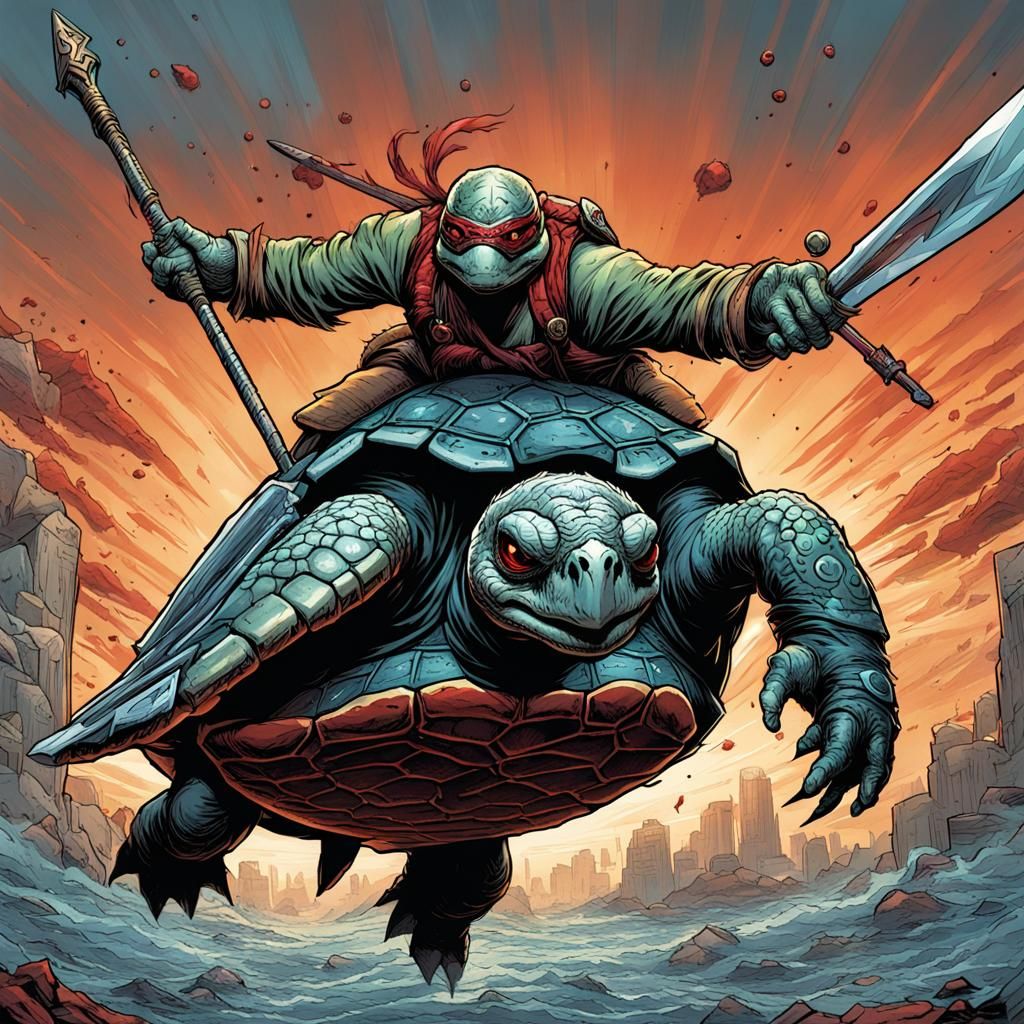 Flying turtle with bloody spear