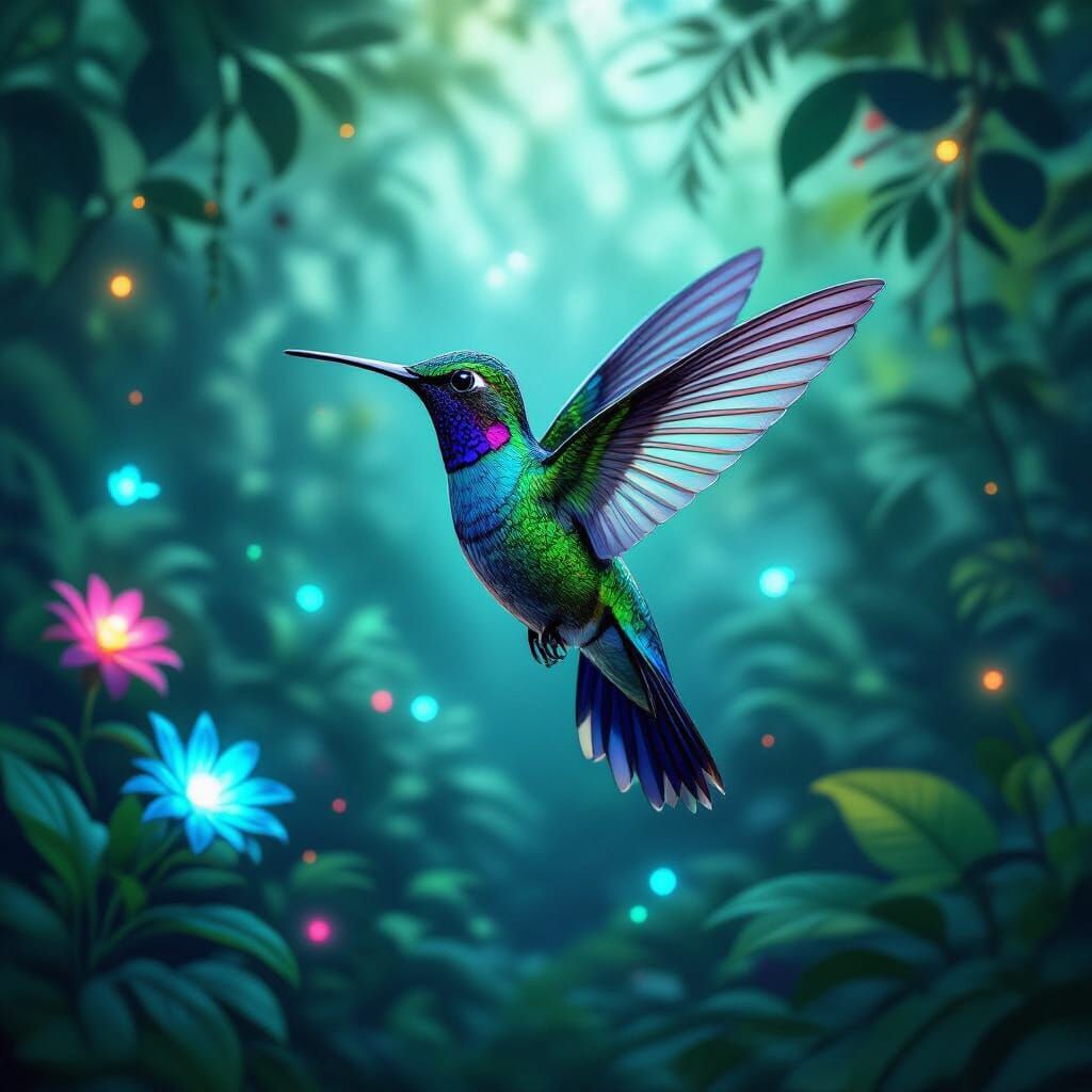 A hummingbird with wings made of stained glass flying through a jungle filled with bioluminescent plants.