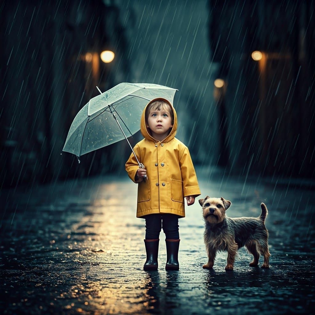 Child Gazing Up at Rainy Sky with Loyal Dog by Side