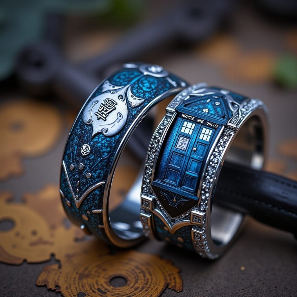 a hyper detailed image of a wedding band decorated with a Tardis {from doctor who} next to another wedding band <lora:Flux Glow:1.0> <lora:S...