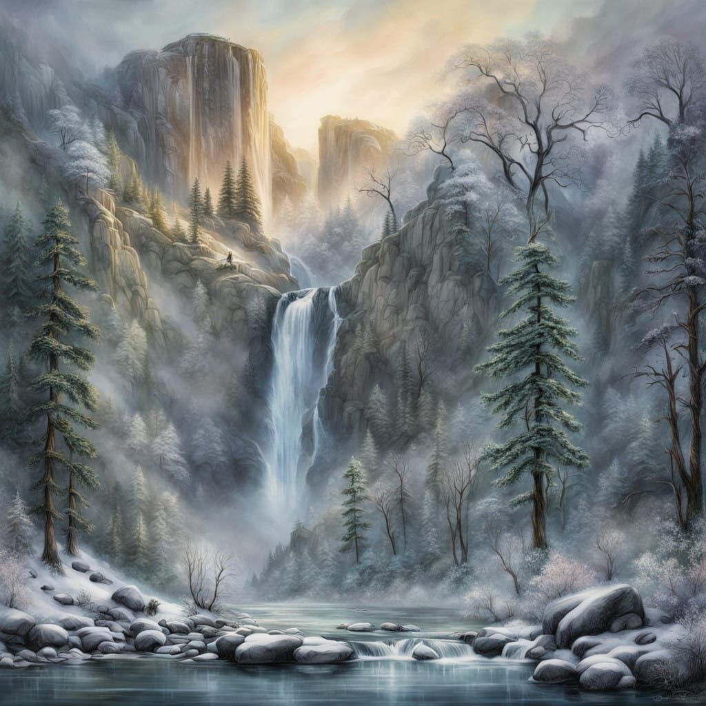 A waterfall in Yosemite park. In the winter beautiful masterpiece mixed media 8K resolution Josephine ...  by @eileenMcC