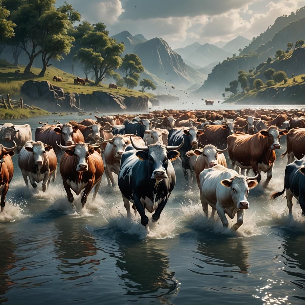 Cows Run on Water: Detailed Fantasy Concept Art